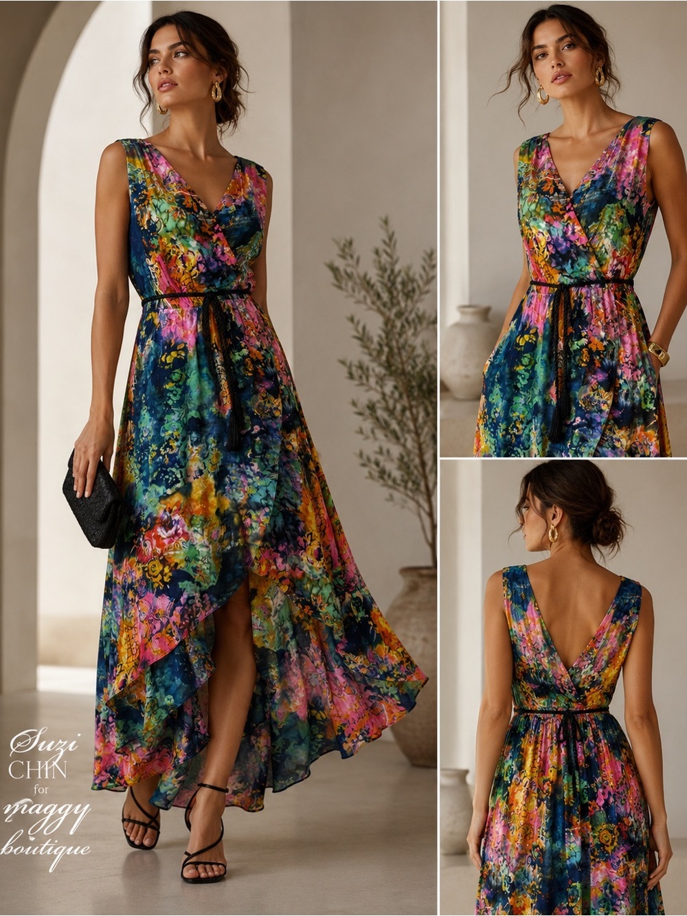 Suzi Chin Maggy Boutique 100% Silk Watercolor High Low Dress Size 6
